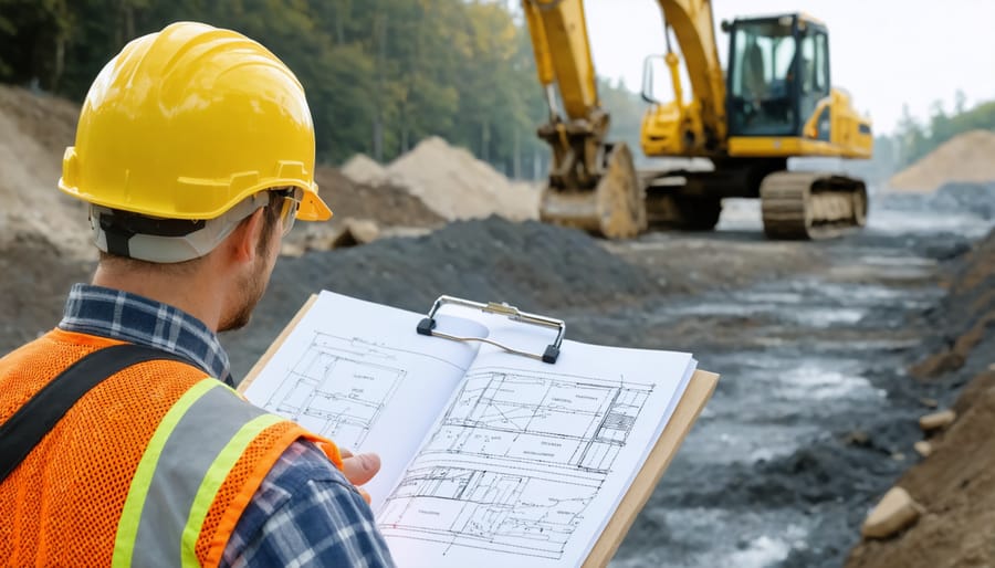 Construction worker in hard hat, safety vest, and protective equipment performing safety inspection