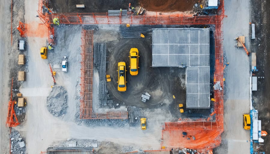 Bird's eye view of construction site showing progress tracking, resource allocation, and timeline markers