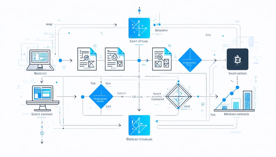 Diagram of blockchain-based smart contracts connecting various construction project stakeholders