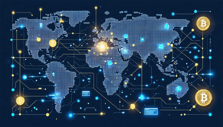 Network diagram showing international construction material suppliers connected through cryptocurrency payments