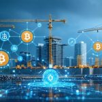 A digital illustration of a construction site intertwined with blockchain elements, showcasing smart contracts as linking nodes and cryptocurrency symbols, representing the integration of decentralized finance in construction project management.