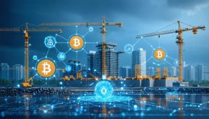 A digital illustration of a construction site intertwined with blockchain elements, showcasing smart contracts as linking nodes and cryptocurrency symbols, representing the integration of decentralized finance in construction project management.
