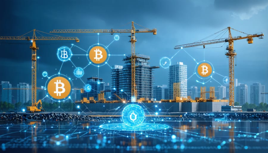 A digital illustration of a construction site intertwined with blockchain elements, showcasing smart contracts as linking nodes and cryptocurrency symbols, representing the integration of decentralized finance in construction project management.