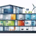 Conceptual illustration of a building showing deep energy retrofit components including insulation, triple-pane windows, advanced HVAC, and renewable energy systems, representing the transformation of an older building into a high-performance structure.