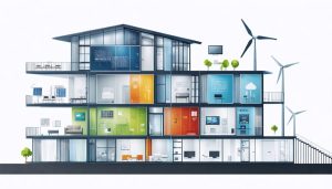 Conceptual illustration of a building showing deep energy retrofit components including insulation, triple-pane windows, advanced HVAC, and renewable energy systems, representing the transformation of an older building into a high-performance structure.