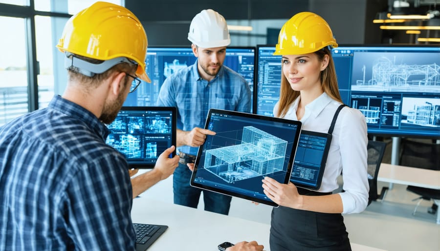 Construction professionals collaborating using digital tools and BIM technology