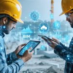 A conceptual representation of digital integration in the construction industry, showing professionals using tablets and digital screens overlaid with digital connection lines and tech icons.