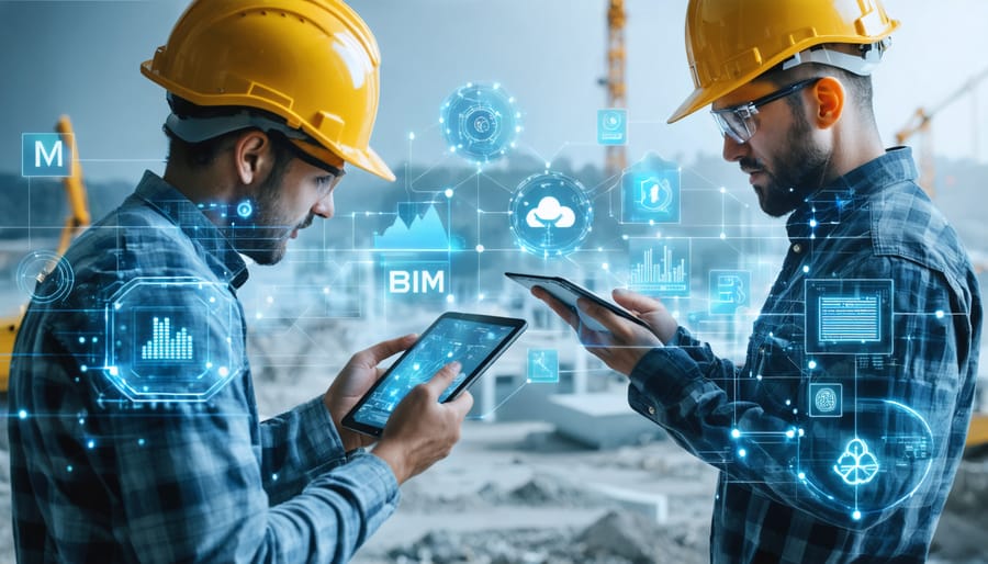 A conceptual representation of digital integration in the construction industry, showing professionals using tablets and digital screens overlaid with digital connection lines and tech icons.