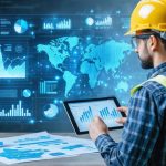 A conceptual image showing a digital interface with construction risk analytics juxtaposed with a traditional paper-based assessment, highlighting the shift towards advanced risk management tools in the construction industry.