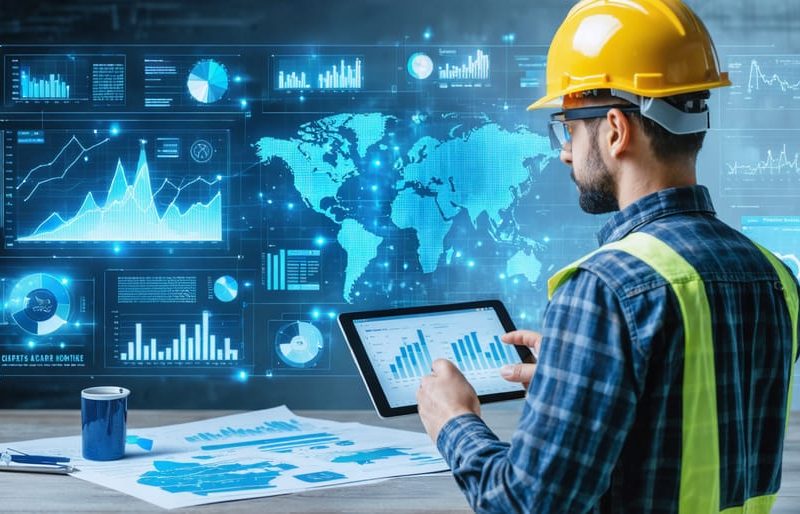 A conceptual image showing a digital interface with construction risk analytics juxtaposed with a traditional paper-based assessment, highlighting the shift towards advanced risk management tools in the construction industry.