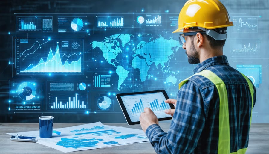 A conceptual image showing a digital interface with construction risk analytics juxtaposed with a traditional paper-based assessment, highlighting the shift towards advanced risk management tools in the construction industry.