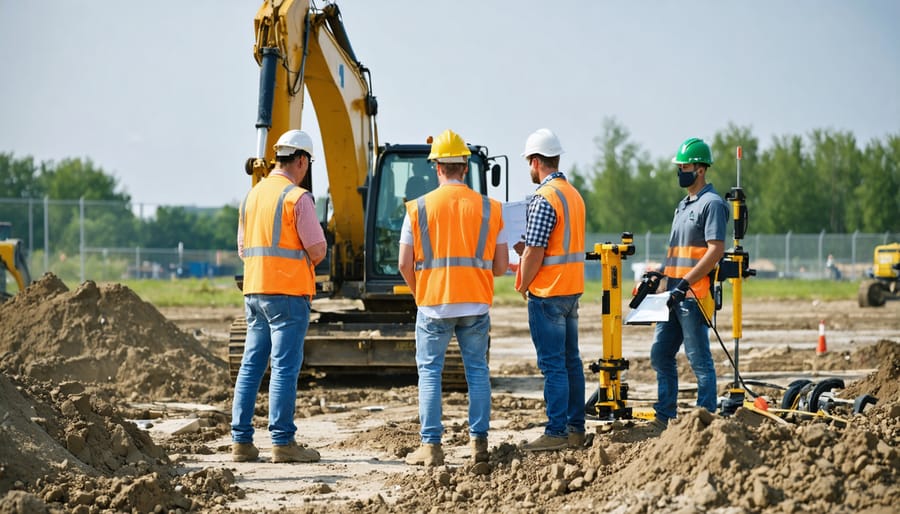 Environmental specialists conducting site assessment with monitoring devices and taking samples