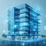 Futuristic smart building with digital interface overlay illustrating interconnected building automation systems in a modern urban environment.