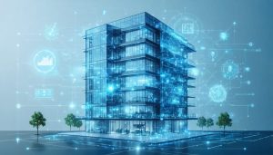 Futuristic smart building with digital interface overlay illustrating interconnected building automation systems in a modern urban environment.