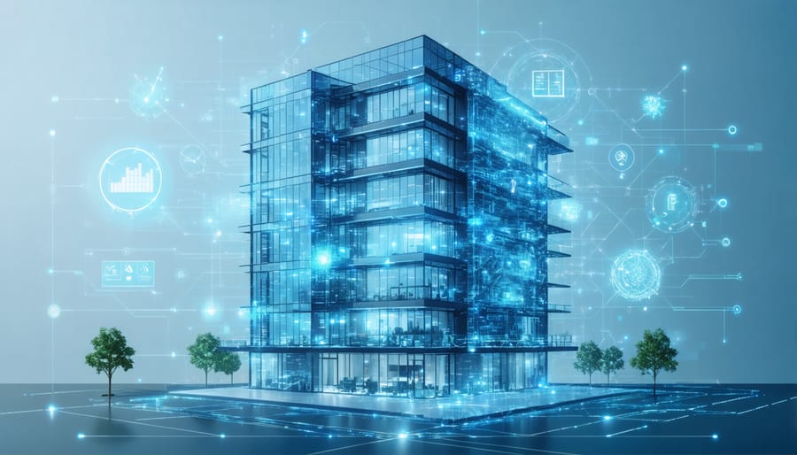 Futuristic smart building with digital interface overlay illustrating interconnected building automation systems in a modern urban environment.