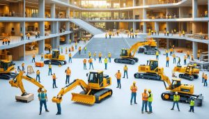 Illustration of a modern construction site featuring diverse individuals collaborating on inclusive design elements like ramps, multilingual signage, and flexible workspaces, showcasing physical, cognitive, cultural, and socioeconomic diversity.