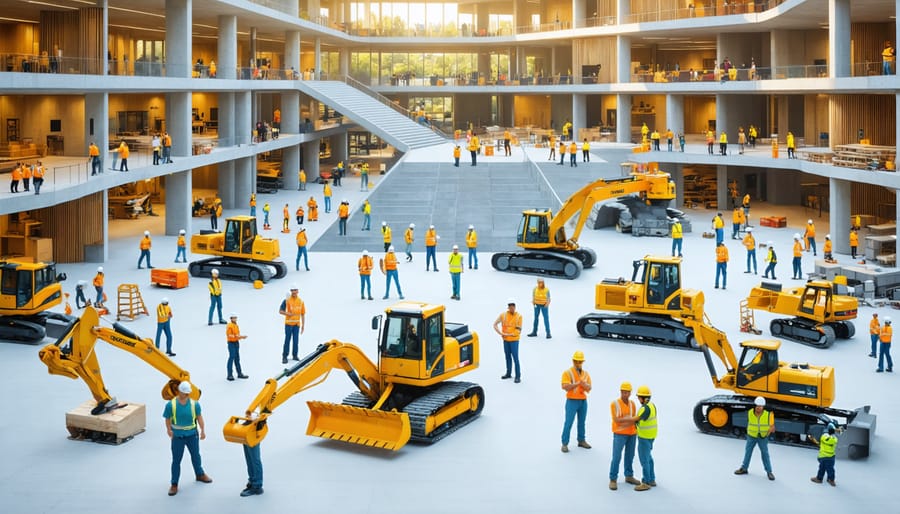 Illustration of a modern construction site featuring diverse individuals collaborating on inclusive design elements like ramps, multilingual signage, and flexible workspaces, showcasing physical, cognitive, cultural, and socioeconomic diversity.