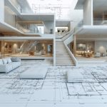 A conceptual illustration depicting the fusion of structural architecture with interior design, featuring digital blueprints and eco-friendly materials to symbolize innovative and sustainable design practices.