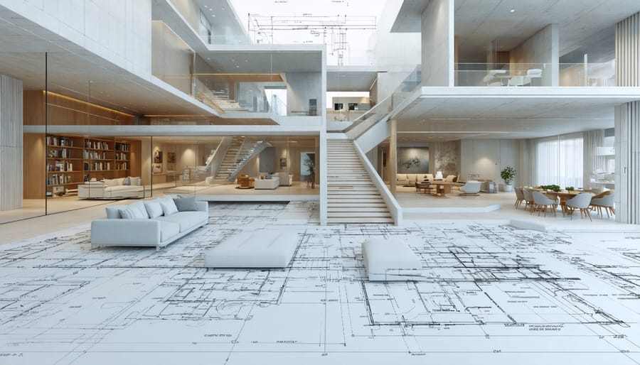 A conceptual illustration depicting the fusion of structural architecture with interior design, featuring digital blueprints and eco-friendly materials to symbolize innovative and sustainable design practices.