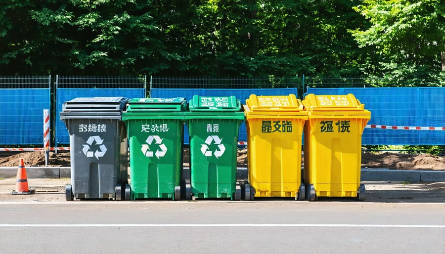 Organized construction site recycling station with separated bins for different materials