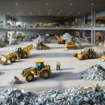 A sustainable construction site showcasing eco-friendly practices with recycling stations and workers employing responsible material sourcing and waste management techniques in alignment with LEED Materials and Resources credits.