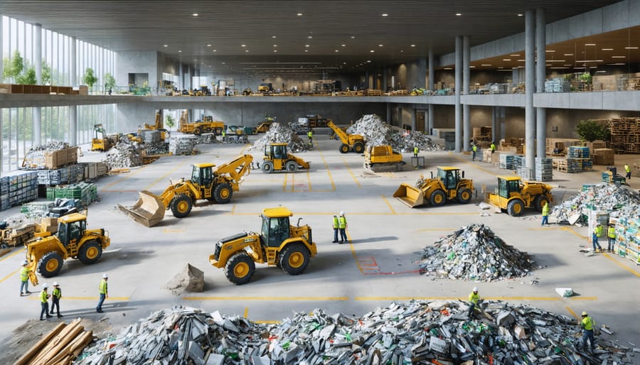 A sustainable construction site showcasing eco-friendly practices with recycling stations and workers employing responsible material sourcing and waste management techniques in alignment with LEED Materials and Resources credits.