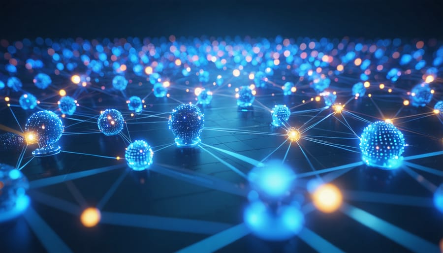 Network visualization showing AI analyzing supply chain risks with highlighted data points and risk indicators