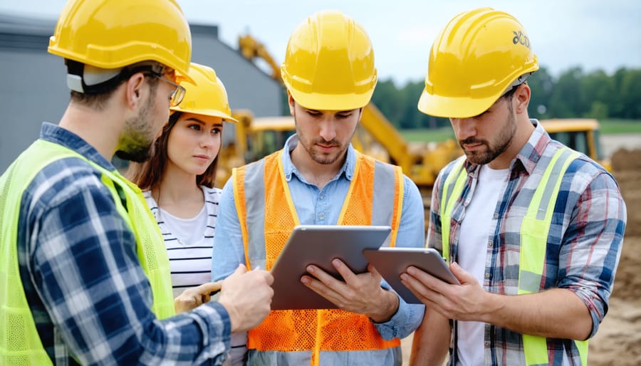Construction professionals using mobile devices to access risk management software on-site