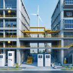 Conceptual illustration of a modern construction site featuring advanced power storage solutions, including battery units, solar panels, and wind turbines, highlighting energy integration and sustainability.