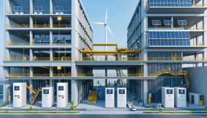 Conceptual illustration of a modern construction site featuring advanced power storage solutions, including battery units, solar panels, and wind turbines, highlighting energy integration and sustainability.