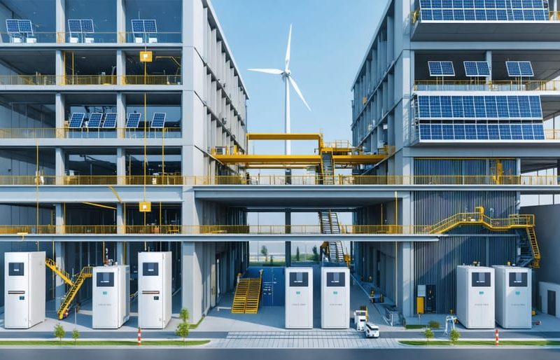 Conceptual illustration of a modern construction site featuring advanced power storage solutions, including battery units, solar panels, and wind turbines, highlighting energy integration and sustainability.