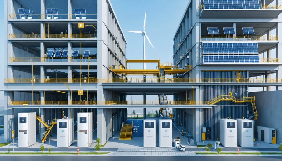 Conceptual illustration of a modern construction site featuring advanced power storage solutions, including battery units, solar panels, and wind turbines, highlighting energy integration and sustainability.