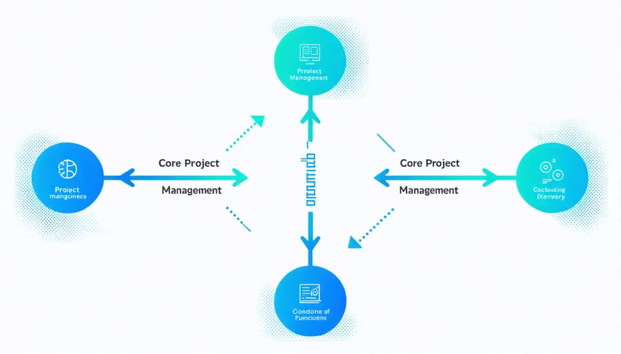Circular diagram illustrating planning, execution, monitoring, controlling, and closing processes in project management
