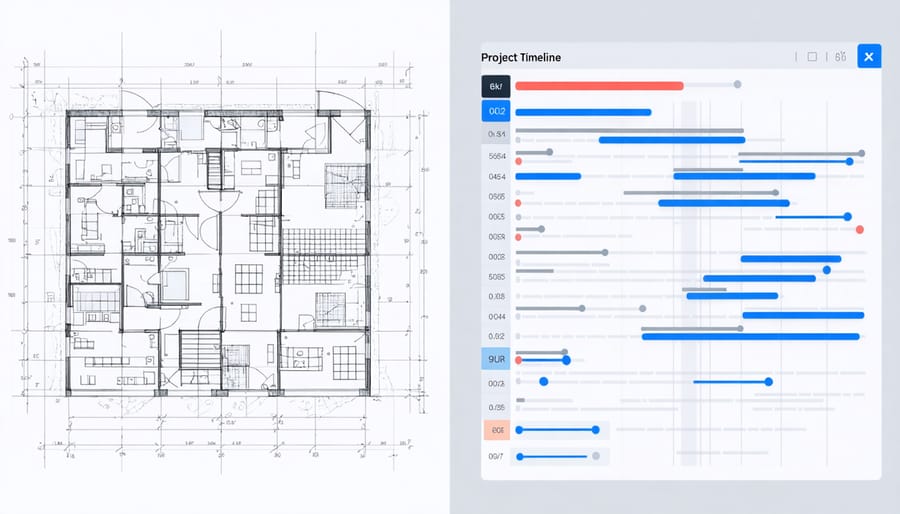 Visual comparison between a construction project deliverable (blueprint) and project management tool (Gantt chart)
