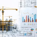 Split-screen image juxtaposing a construction blueprint and cranes on one side with a Gantt chart and project management tools on the other, illustrating the essential balance between building projects and managing them effectively.