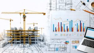 Split-screen image juxtaposing a construction blueprint and cranes on one side with a Gantt chart and project management tools on the other, illustrating the essential balance between building projects and managing them effectively.