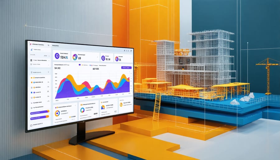 Interactive 3D dashboard displaying real-time construction risk metrics and predictive models