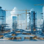 A futuristic construction site featuring high-rise buildings made of aluminum-lithium, titanium, and magnesium alloys, showcasing modern architecture and innovative design with cranes and scaffolding in the background.