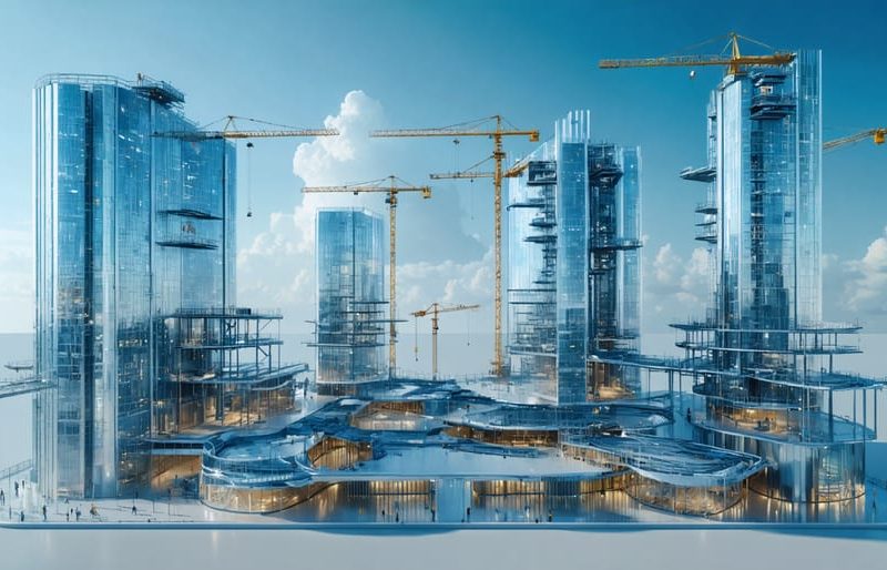 A futuristic construction site featuring high-rise buildings made of aluminum-lithium, titanium, and magnesium alloys, showcasing modern architecture and innovative design with cranes and scaffolding in the background.