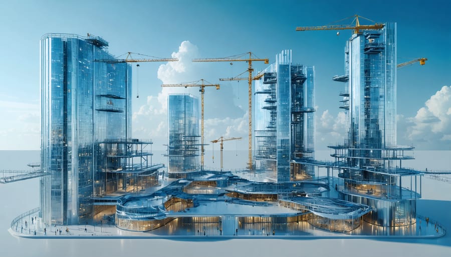 A futuristic construction site featuring high-rise buildings made of aluminum-lithium, titanium, and magnesium alloys, showcasing modern architecture and innovative design with cranes and scaffolding in the background.