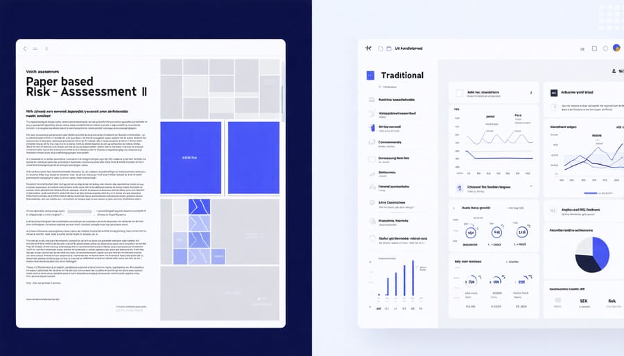 Comparison between traditional manual risk assessment paperwork and modern AI-powered digital dashboard interface