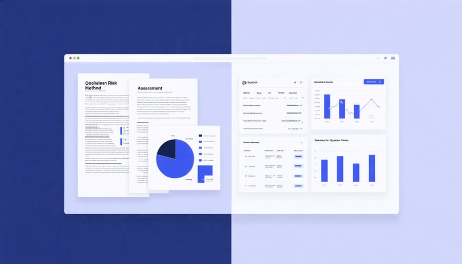 Side-by-side comparison of traditional paper risk assessment and modern digital risk management software interface