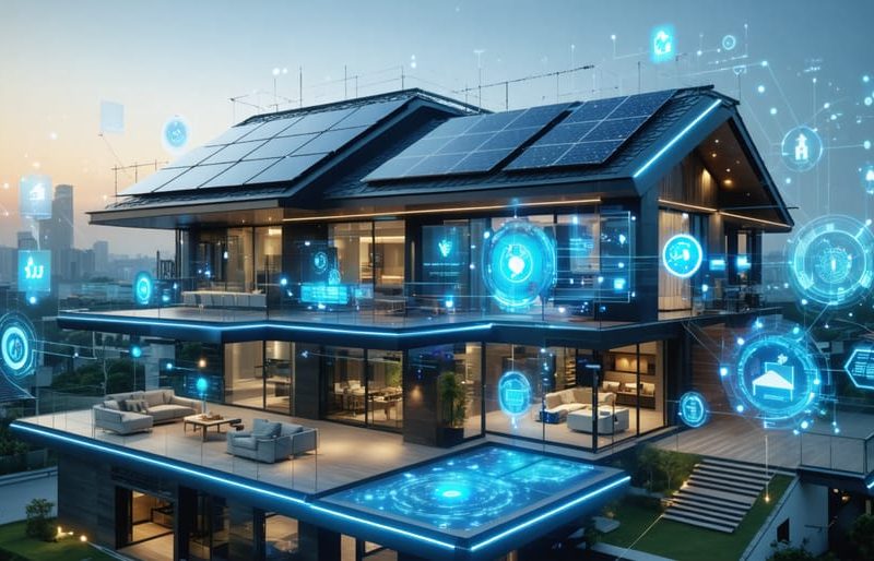 Conceptual illustration of a smart building with integrated energy management systems, featuring solar panels, sensor networks, and a central digital control hub.