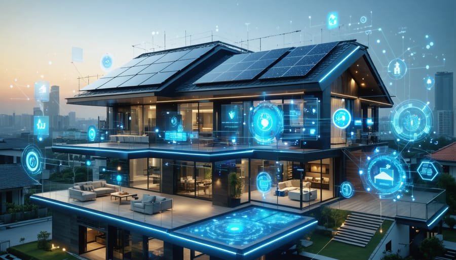 Conceptual illustration of a smart building with integrated energy management systems, featuring solar panels, sensor networks, and a central digital control hub.