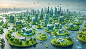 Conceptual illustration of a futuristic smart city demonstrating interconnected green spaces, modular buildings, and smart grids, highlighting circular economy principles.