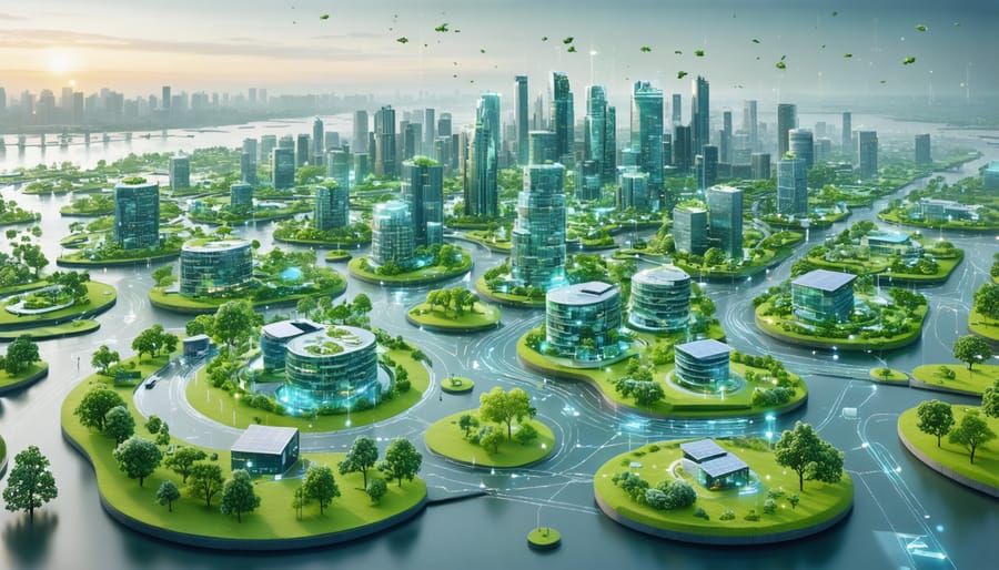 Conceptual illustration of a futuristic smart city demonstrating interconnected green spaces, modular buildings, and smart grids, highlighting circular economy principles.