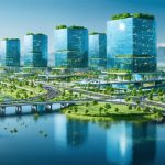 Illustration of a future-oriented smart community with climate-resilient features like elevated buildings and flood management systems