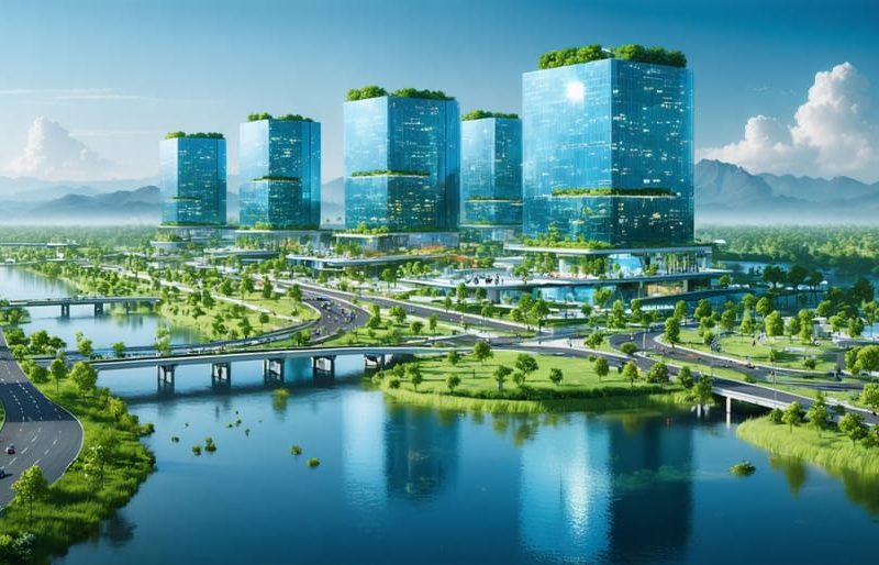 Illustration of a future-oriented smart community with climate-resilient features like elevated buildings and flood management systems