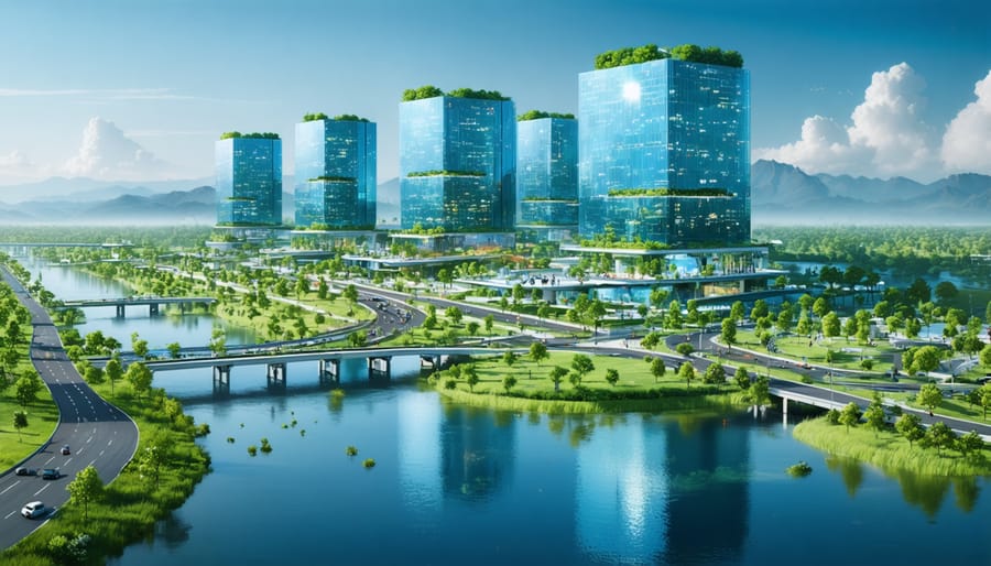 Illustration of a future-oriented smart community with climate-resilient features like elevated buildings and flood management systems
