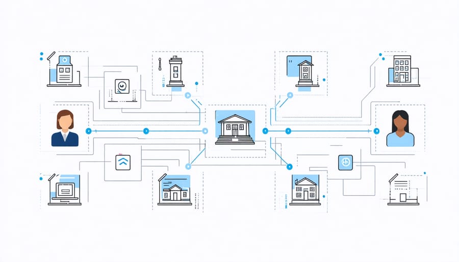 Diagram showing smart contract automation flow in property management with connected digital nodes